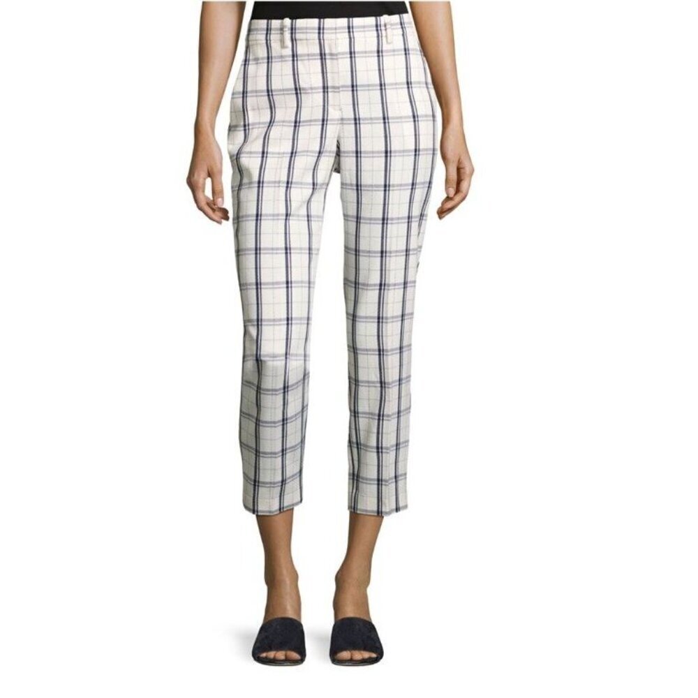 Theory Sz 10 Pants Treeca Plaid Check Blue Cream Crop Wool Trousers Office Retro